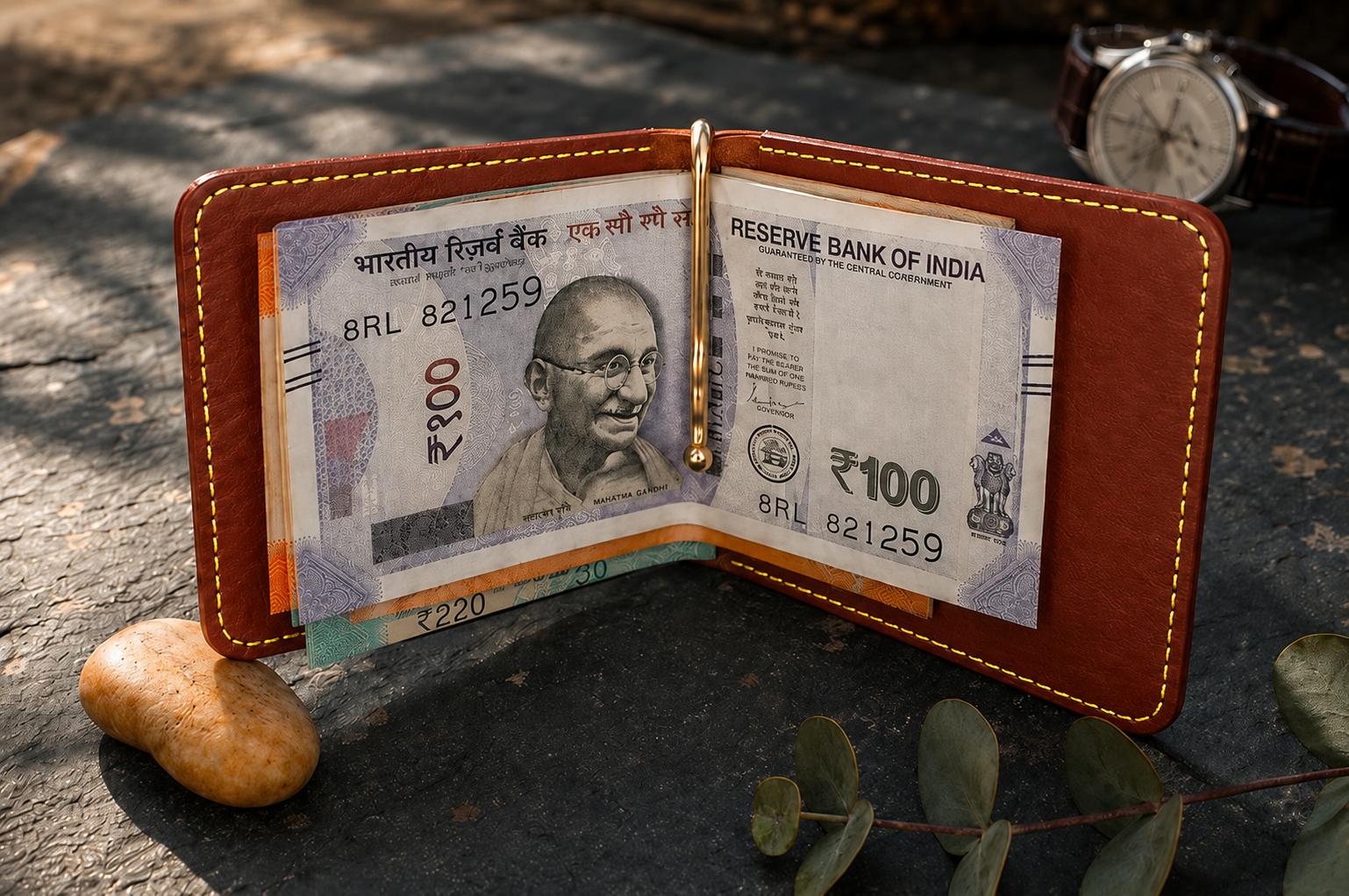 A brown leather wallet shown open, displaying a ₹100 Indian Reserve Bank of India note inside, with another note partially visible. The wallet is photographed outdoors on a dark textured surface with a watch, a small stone, and eucalyptus leaves nearby.