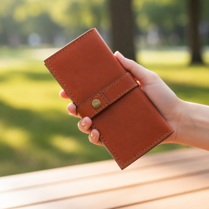A person's hand holding a brown leather wallet or notebook cover with a snap button closure, set against a blurred outdoor park background.