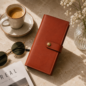 A brown leather wallet or planner cover with a snap button closure, styled on a stone surface with a cup of coffee, sunglasses, a magazine, and small white flowers.