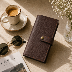 A dark brown textured leather wallet or notebook cover with a snap button closure, styled on a beige tabletop with a cup of coffee, sunglasses, a magazine, and baby's breath flowers.