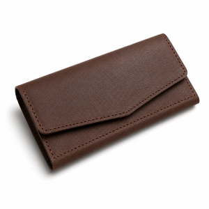 A brown textured leather envelope-style wallet or card holder with visible stitching, shown closed on a clean white background.