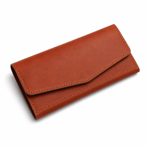A brown leather wallet with an envelope-style flap closure and visible contrast stitching, photographed on a clean white background.