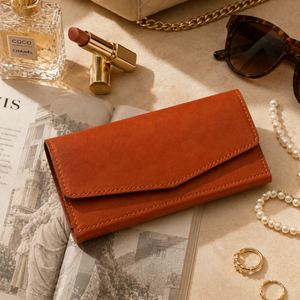 A warm rust-orange leather clutch wallet with a flap closure, styled on an open book surrounded by fashion accessories including sunglasses, pearl jewelry, rings, a Chanel perfume bottle, and a lipstick.