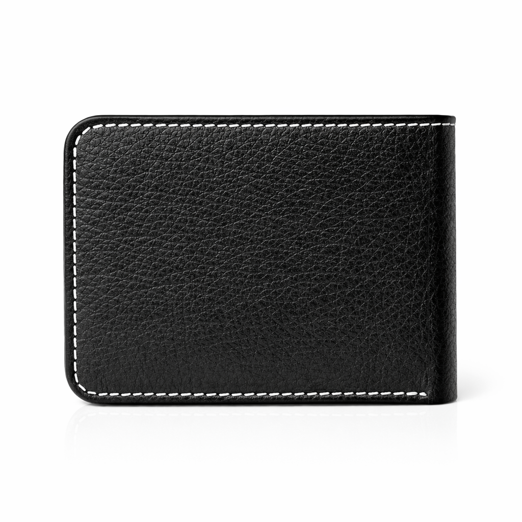Black leather wallet with white stitching on a white background