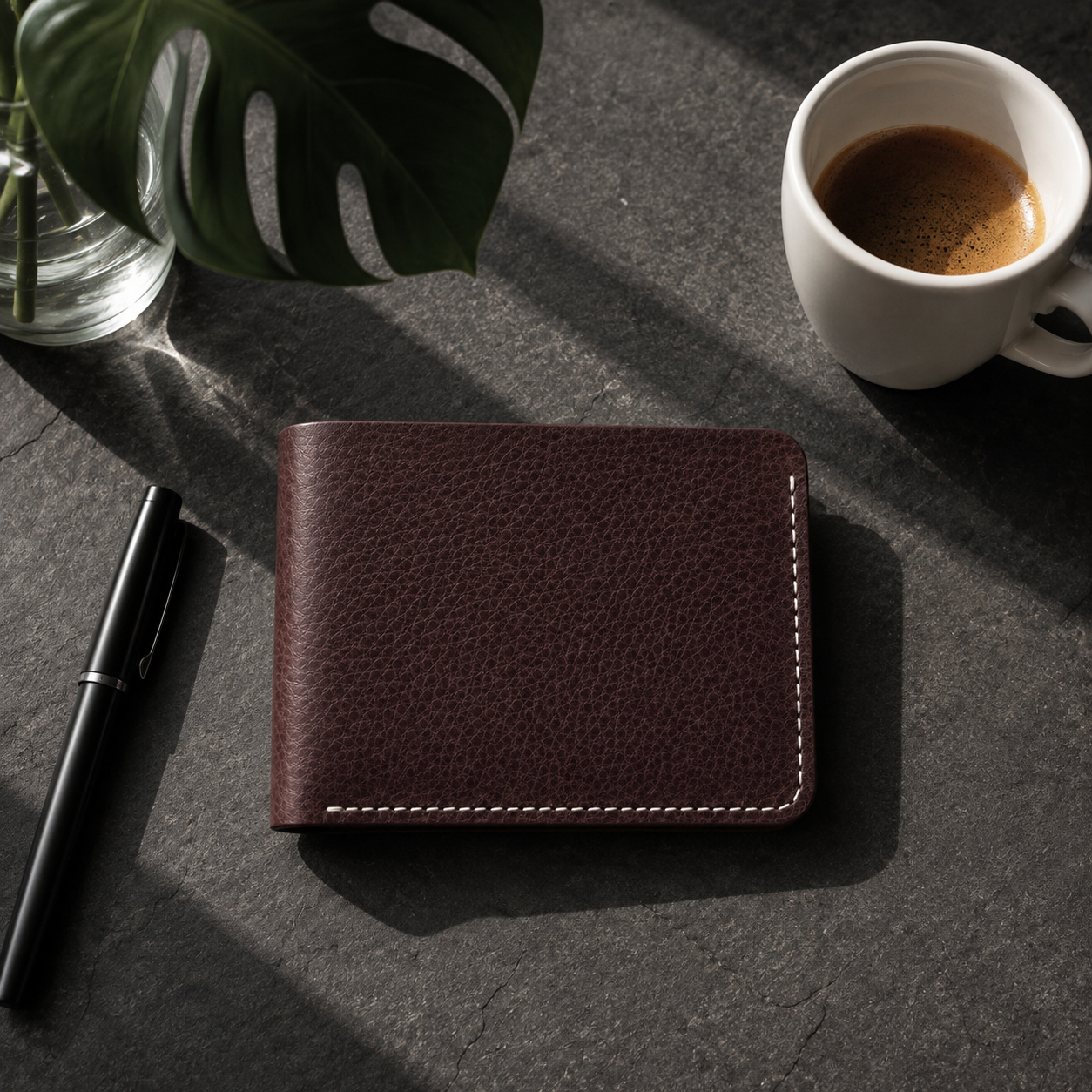 A dark brown textured leather bifold wallet with white contrast stitching, placed on a dark gray stone surface next to a black pen, a white cup of coffee, and a green monstera leaf.