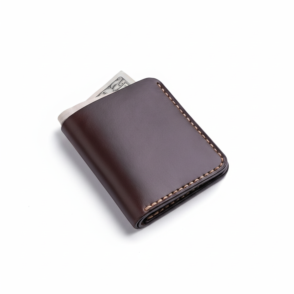 Brown leather wallet with money on a white background
