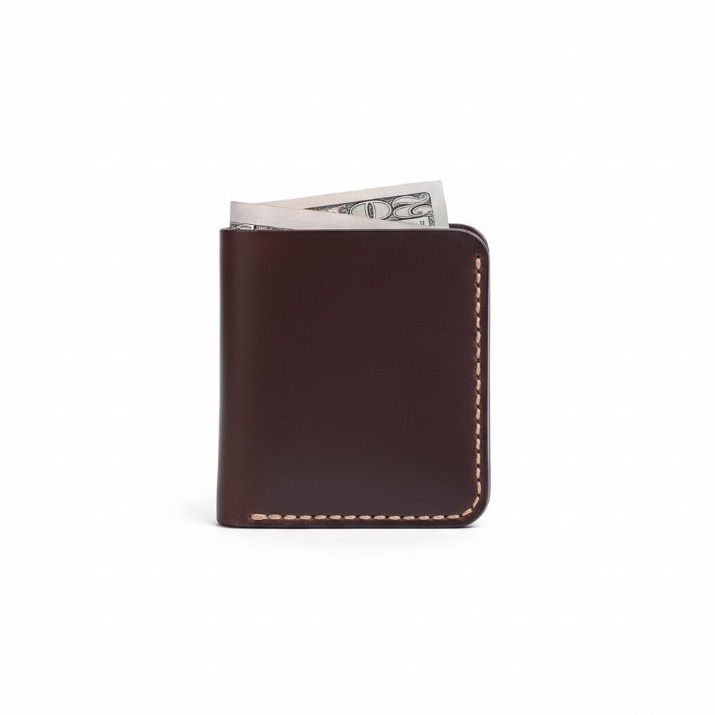 Brown leather wallet with money sticking out on a white background