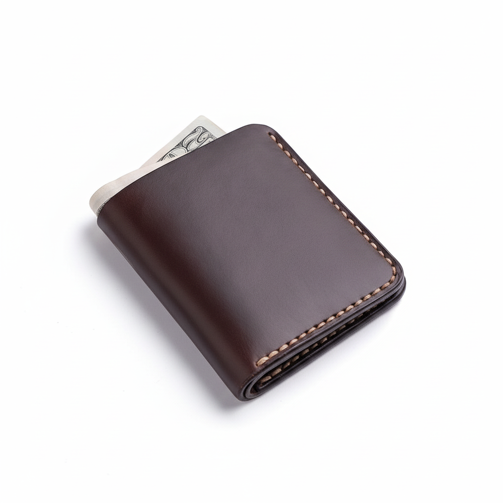 Brown leather wallet with money sticking out on a white background