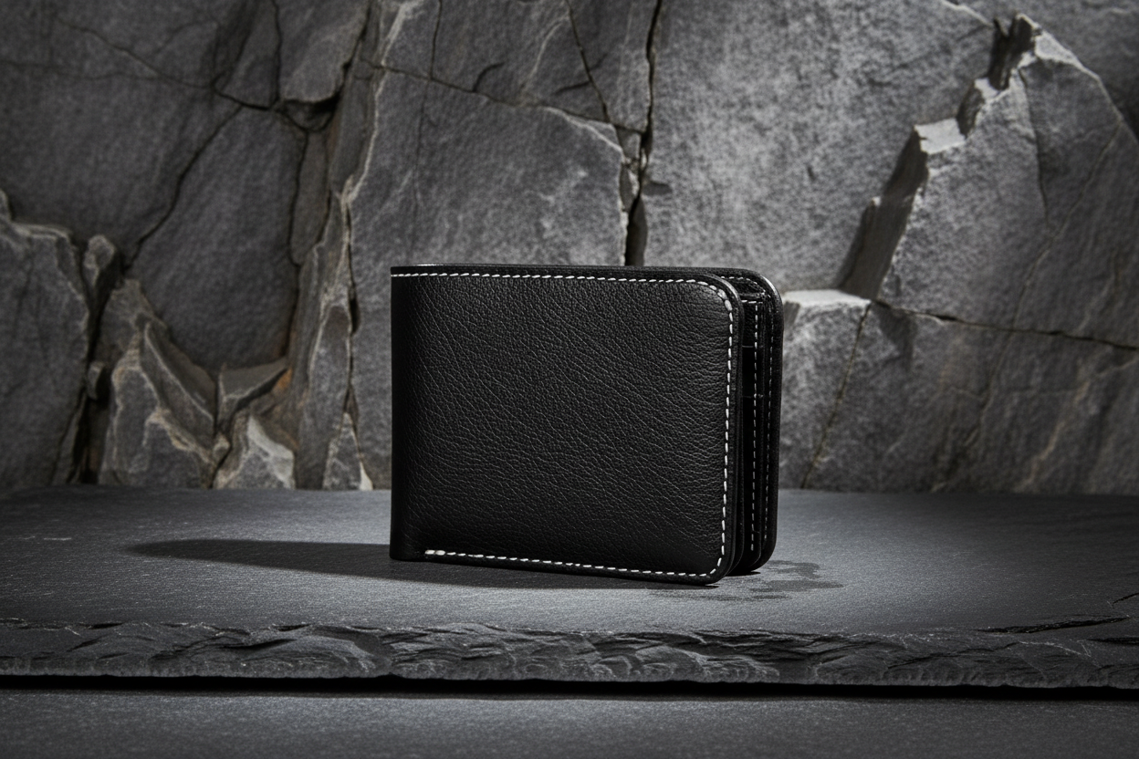 Black wallet on stone surface
