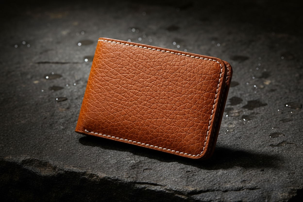 Brown wallet on stone - larger view