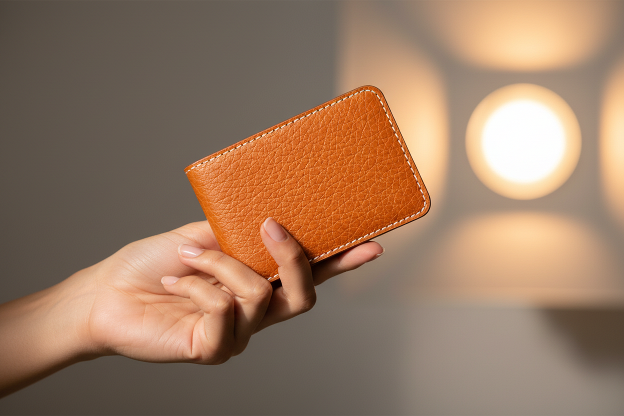 Hand holding tan wallet - larger view