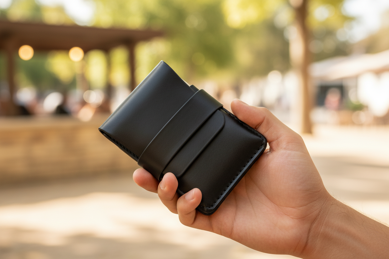 Hand holding wallet lifestyle shot