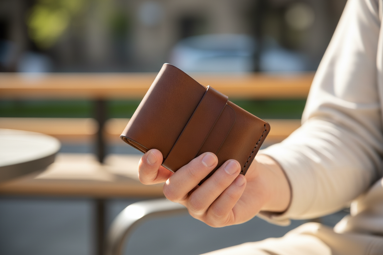 Hand holding wallet lifestyle shot