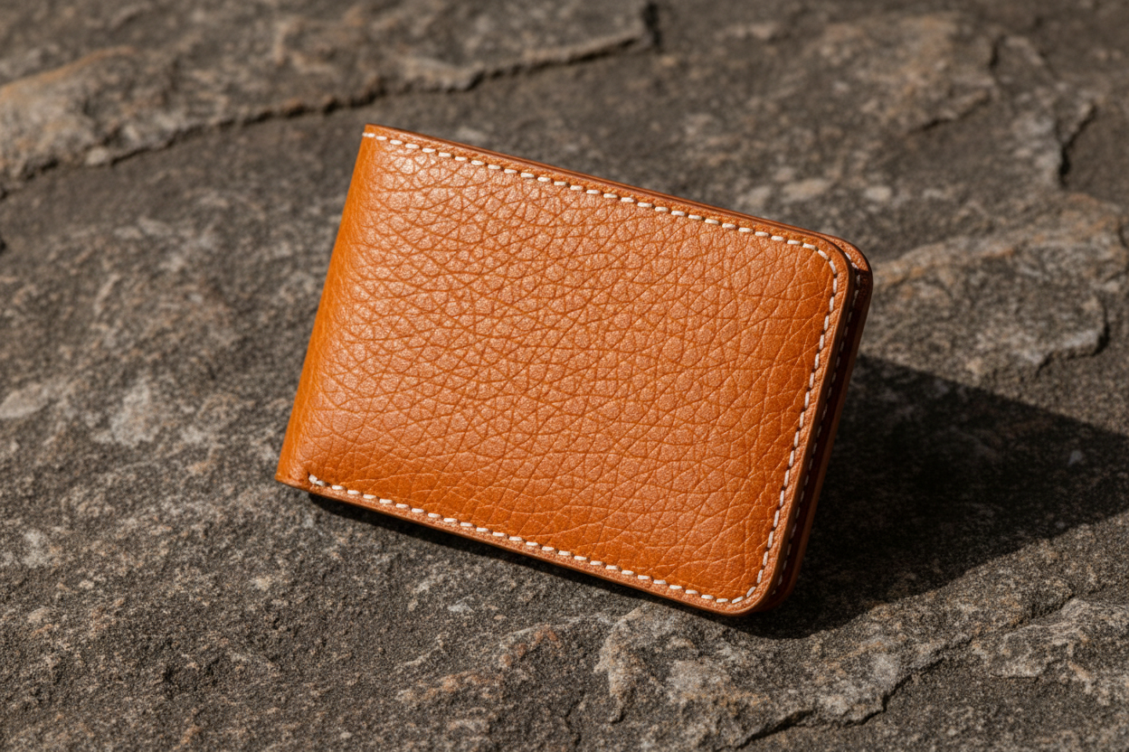 Tan wallet on stone - larger view